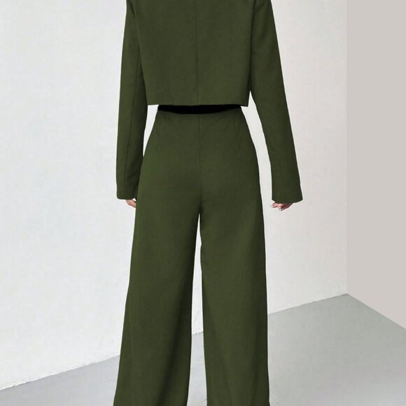 Elegant Green Women's Blazer Jacket & Wide Leg Pants 2-Piece Set - Picture 11 of 12